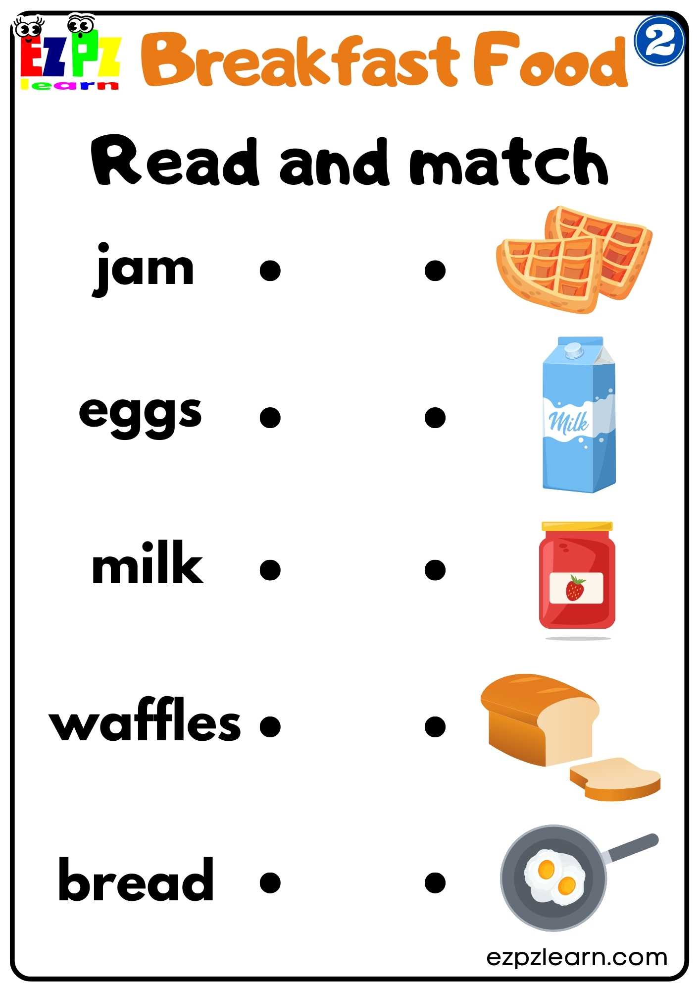 Group 2 Breakfast Food Vocabulary Read and Match Worksheet for K5 and ESL Students PDF Download